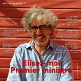Affiche 'Elisez-moi premier ministre' portrait de moi souriant sur fond rouge
