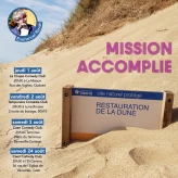 Affiche août 2024 avec le titre 'Mission Accomplie'. Photo de dune qui déborde avec un panneau presque totalement ensablé ou est indiqué 'Restauration de la dune'.
